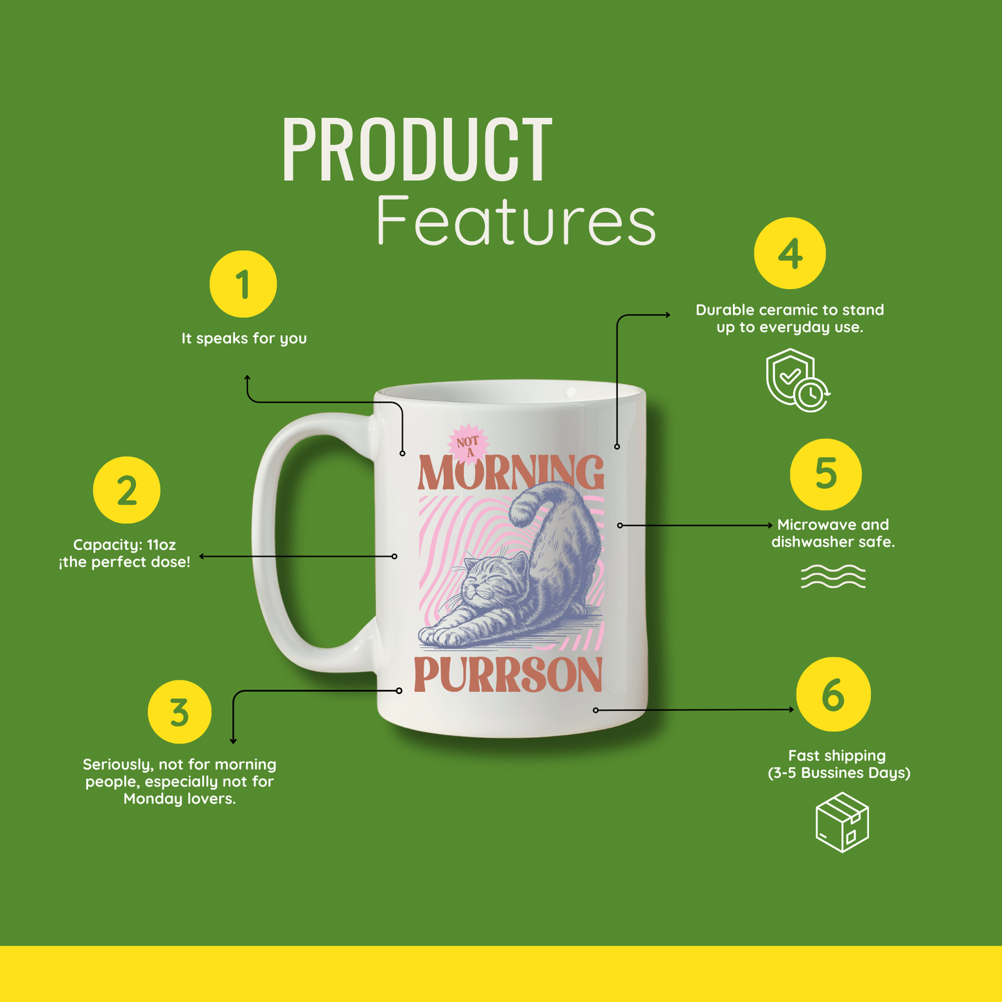 Morning Hater’s Coffee Mug – Not a Morning Purrson Cat Design